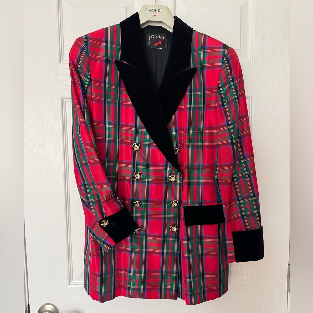 Red Plaid Women's Blazer with Black Velvet Accents